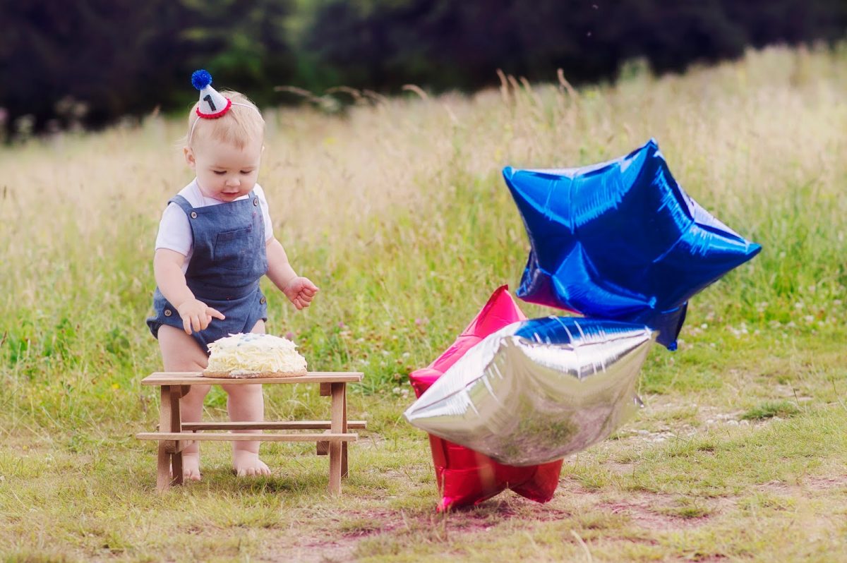 Baby Hero in Elfie Dungarees and Little Blue Olive Hat with Balloons for Fourth July