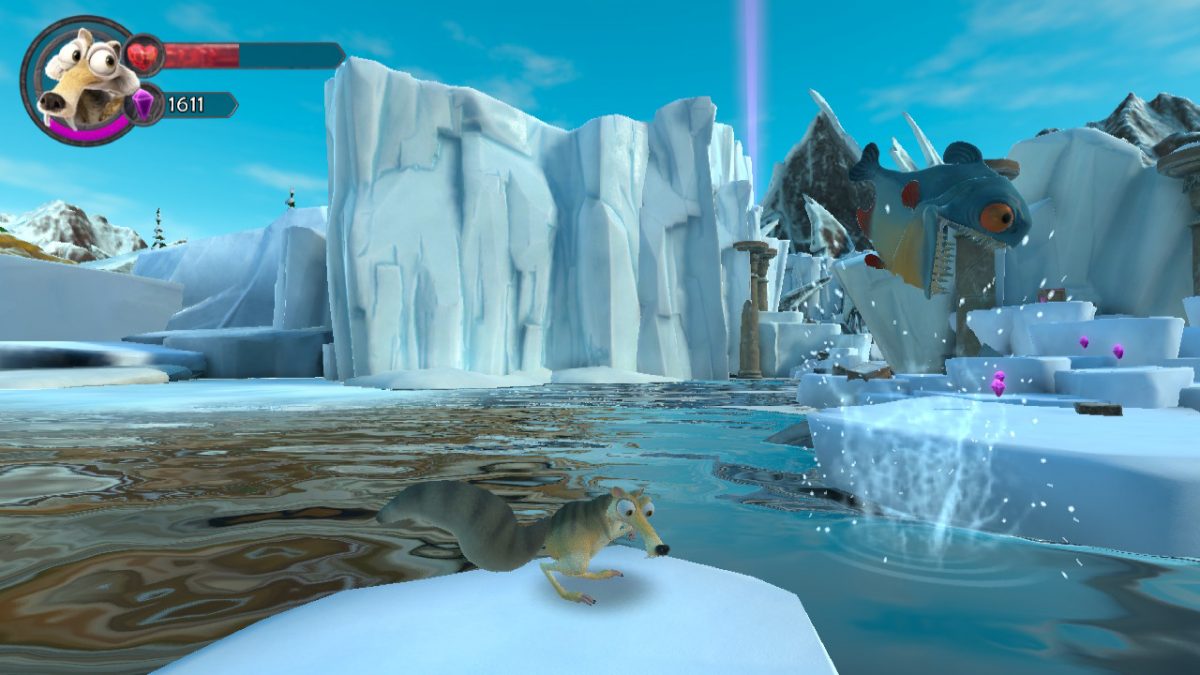 SCREENSHOT OF PLAY IN ICE AGE SCRAT'S NUTTY ADVENTURE: SCRAT LOOKS BEMUSED AS A HUGE PIRANHA LEAPS INTO ACTION