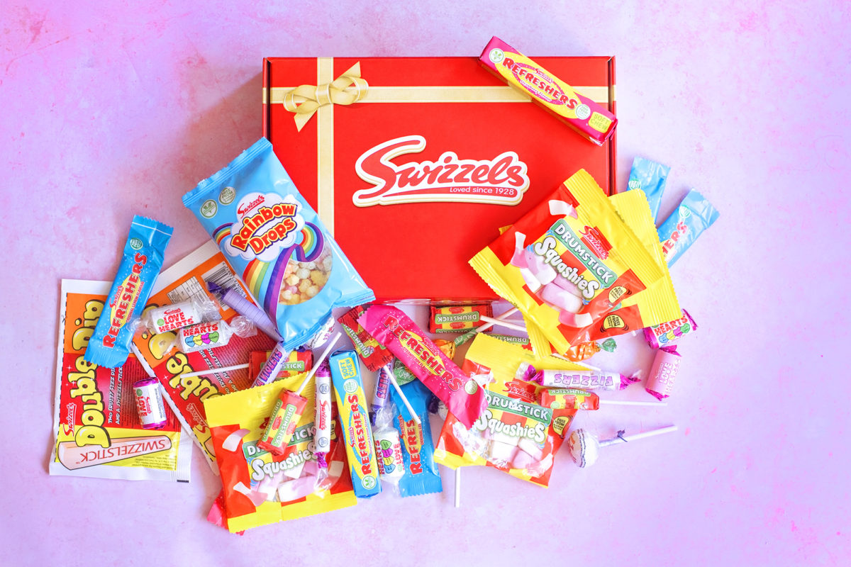 Swizzels Sweet Hamper in red box for Valentine's day. Squashies, refreshers, rainbow drops, drumsticks, parma violets, lollipops and double dip included