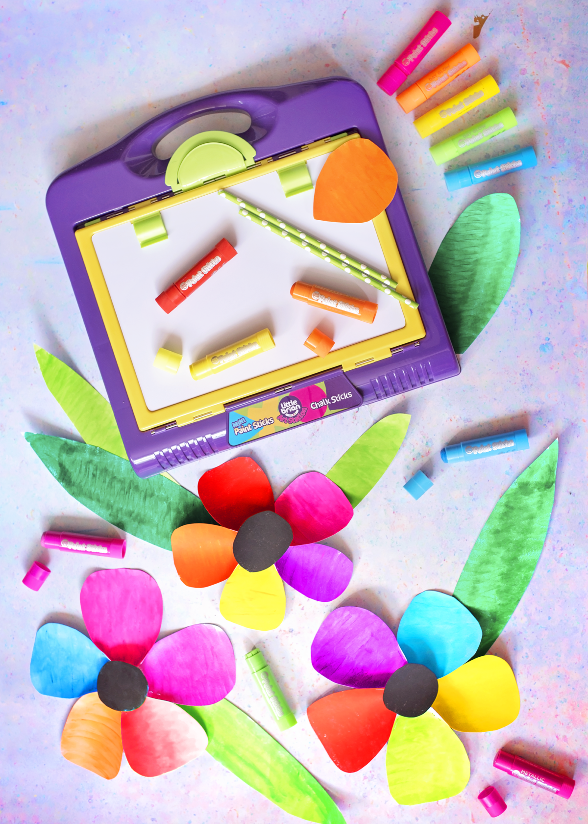 Little Brian Paint Sticks and Art Station, Large Rainbow Paper Flowers. All simple and mess free painting crafts for Spring and Mother's Day.