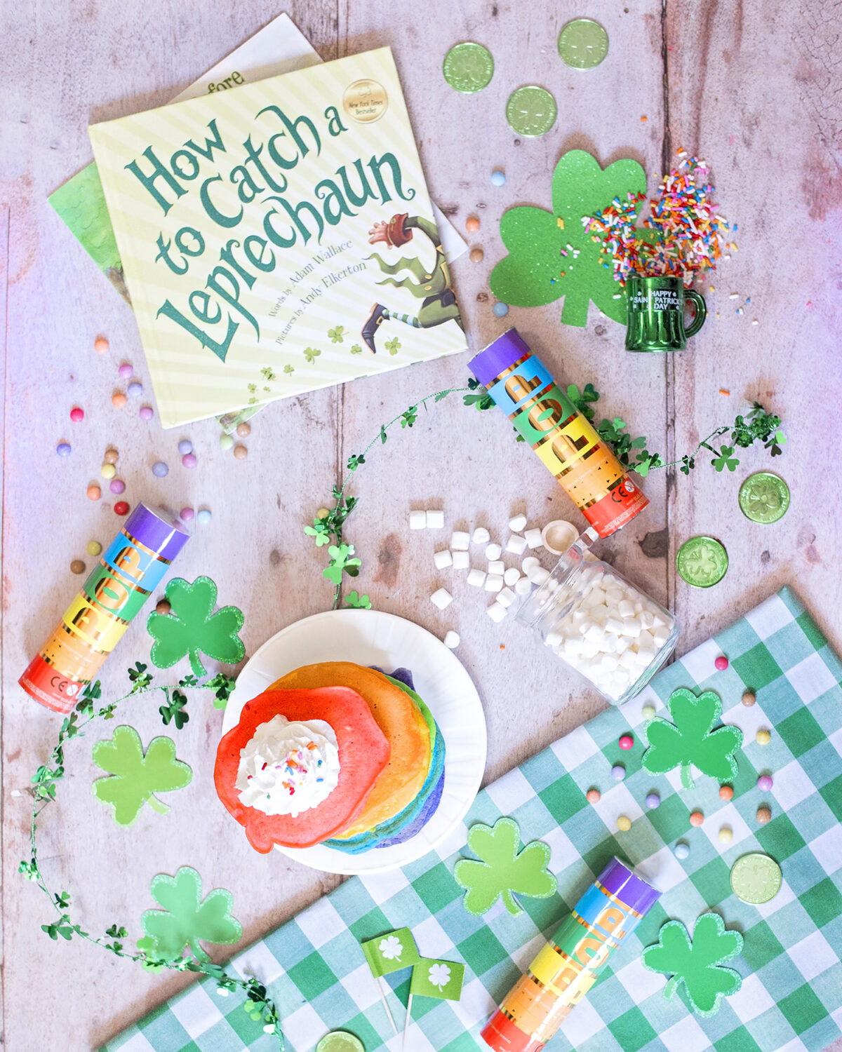 Fun St. Patrick's Breakfast Ideas for kids with rainbow pancakes and shamrock decorations.  Our top ten leprechaun pranks.