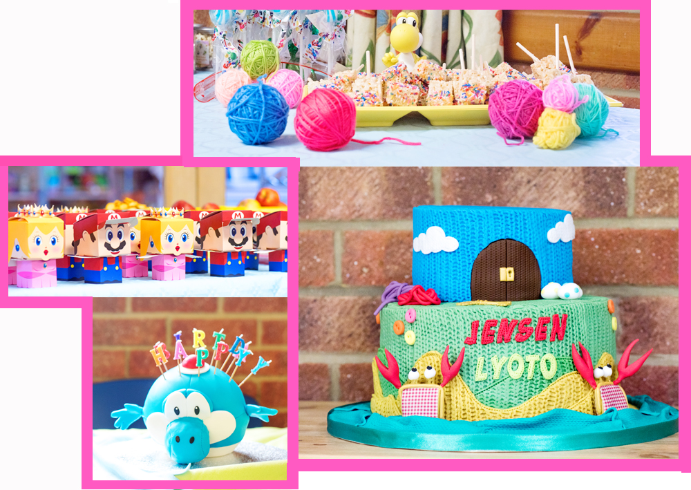 Mario birthday party to throw at home - Collage of Mario Party images showing a two tiered birthday cake featuring Nintendo's Yoshi's Wooly World characters including the purse crabs, a large blue yoshi cake with happy birthday candles in, and yarn balls in rainbow colours as decorations. Mario and Princess Peach snack boxes and Rice Krispie Treats covered in sprinkles with an Amibo on the table next to them. 