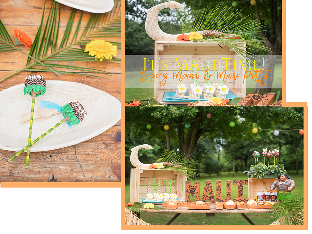 Birthday parties to throw at home - Collage of images from Disney's Moana and Maui Party showing polynesian decoration, Maui's Demi God Fish hook and party treats including kakamora and Maui tattoo cake pops and other Disney merchansise.