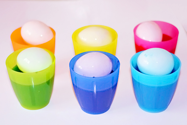 Image shows floating white eggshells being coloured in food dye in plastic, rainbow coloured cups.  How to dye eggs for Easter.
