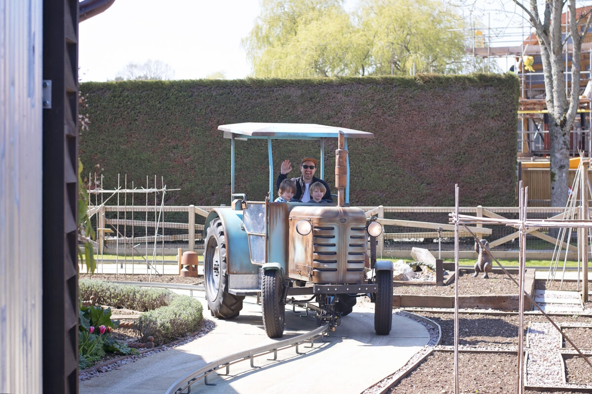 Image shows a tractor from Trekking tractors at Tornado Springs in Paultons Park.