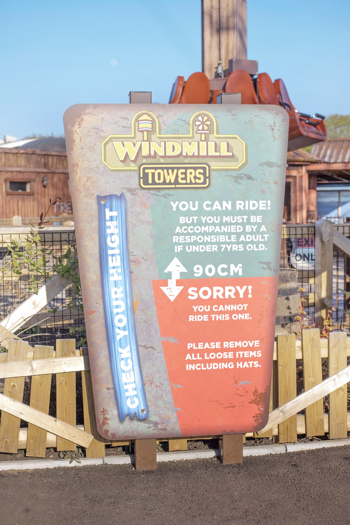Image shows the ride restrictions for Windmill Falls at Tornado Springs in Paultons Park.