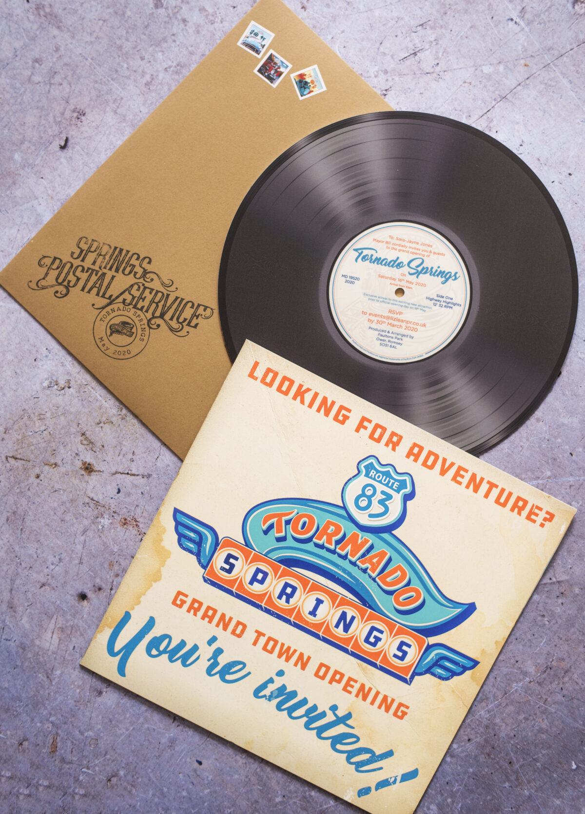 tornado springs paultons park press invite image shows a replica vinyl record advertising the new area of the theme park