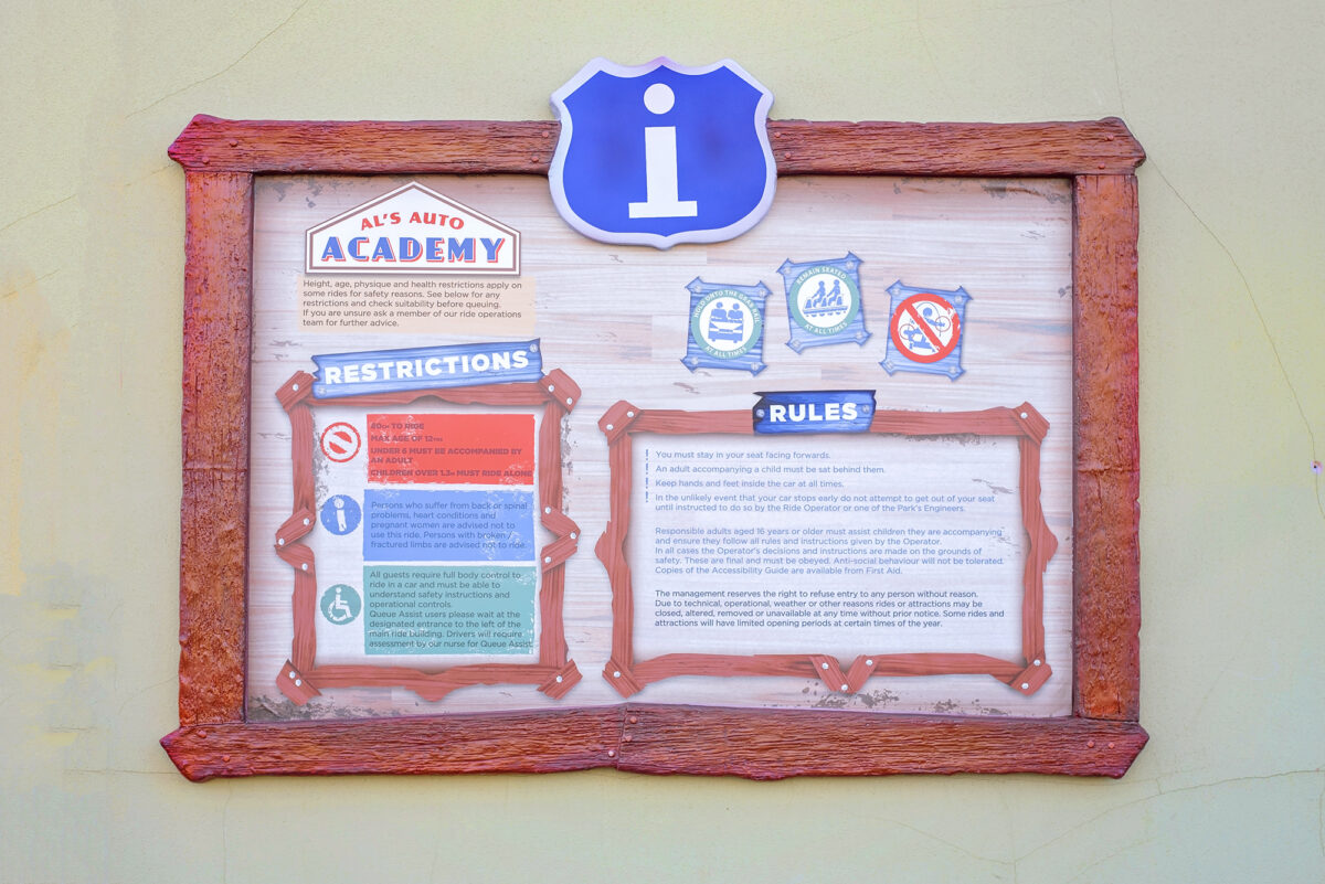 Image shows the ride rules and restrictions for  Al's Auto Academy Driving School at Tornado Springs in Paultons Park.