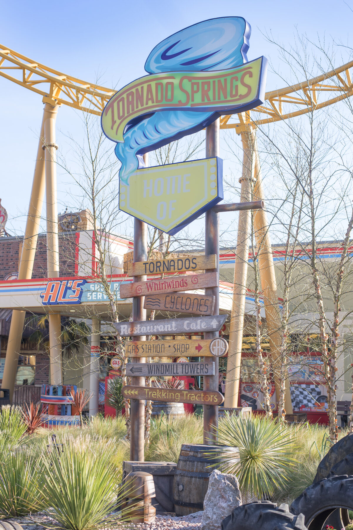 Image shows the main signpost in Paultons Park Tornado Springs area of the theme park in Hampshire, england.