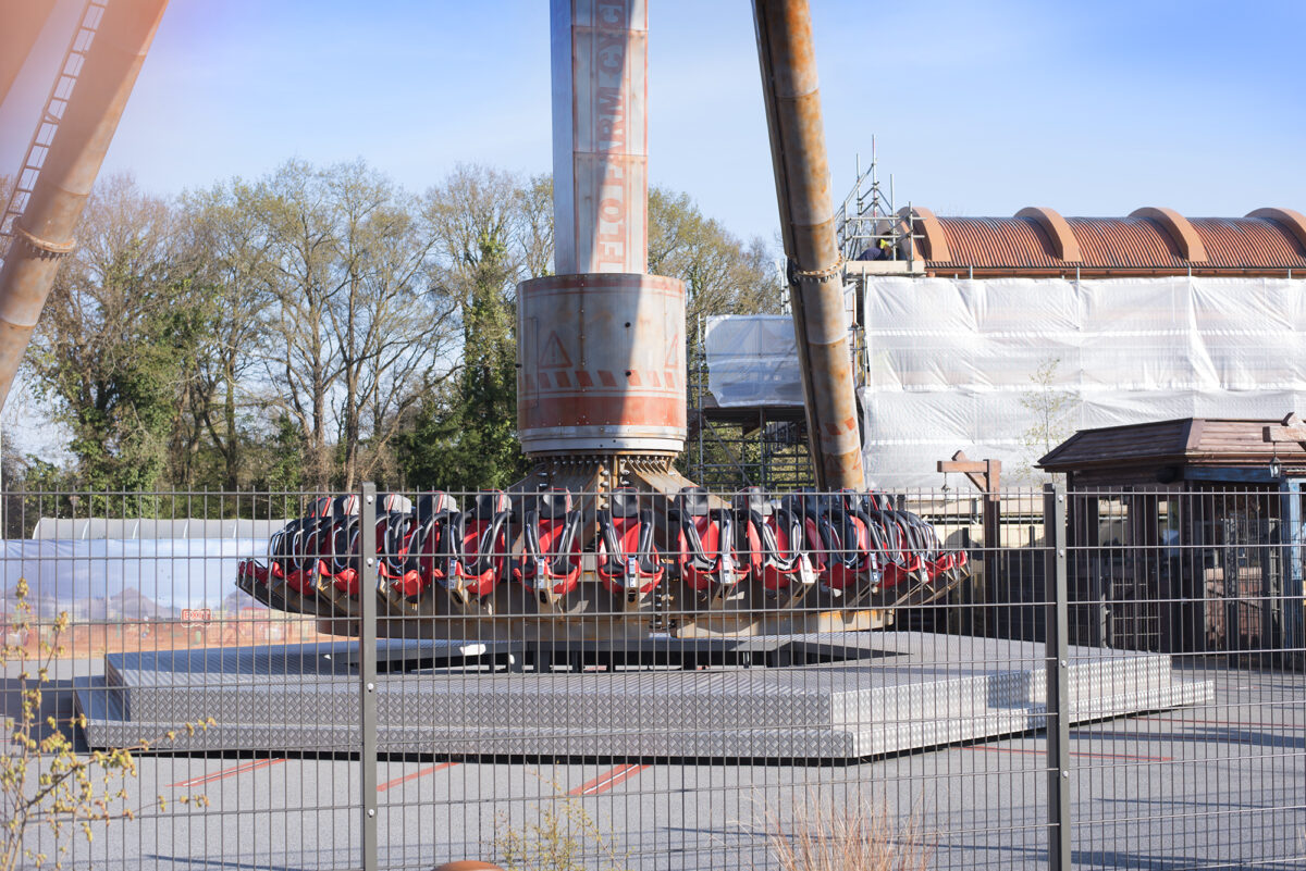 Image shows the Cyclonator, a thrill ride at Tornado Springs in Paultons Park, empty and ready for loading.