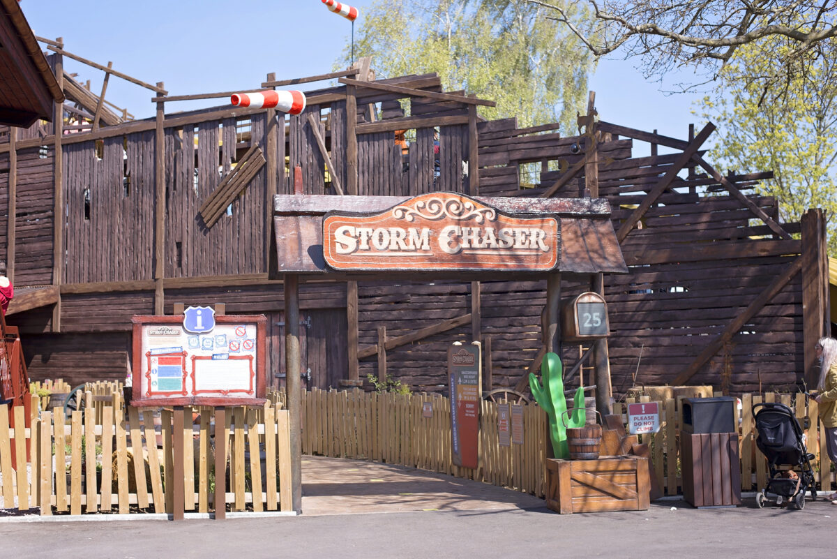 Image shows the entrance to the Storm Chaser at Tornado Springs in Paultons Park.
