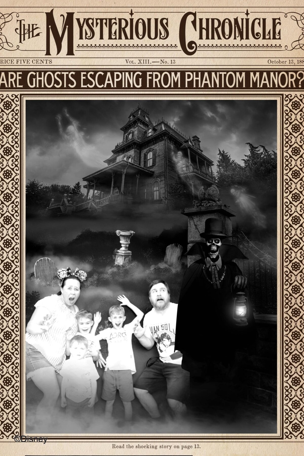 Image shows our personalised copy of the Mysterious Chronicle Newspaper Poster from Disneyland Paris Spirit Photography Booth where you can print a personalised copy of the Mysterious Chronicle by Phantom Manor as a Disney souvenir. Image by Keep Up With The Jones Family.