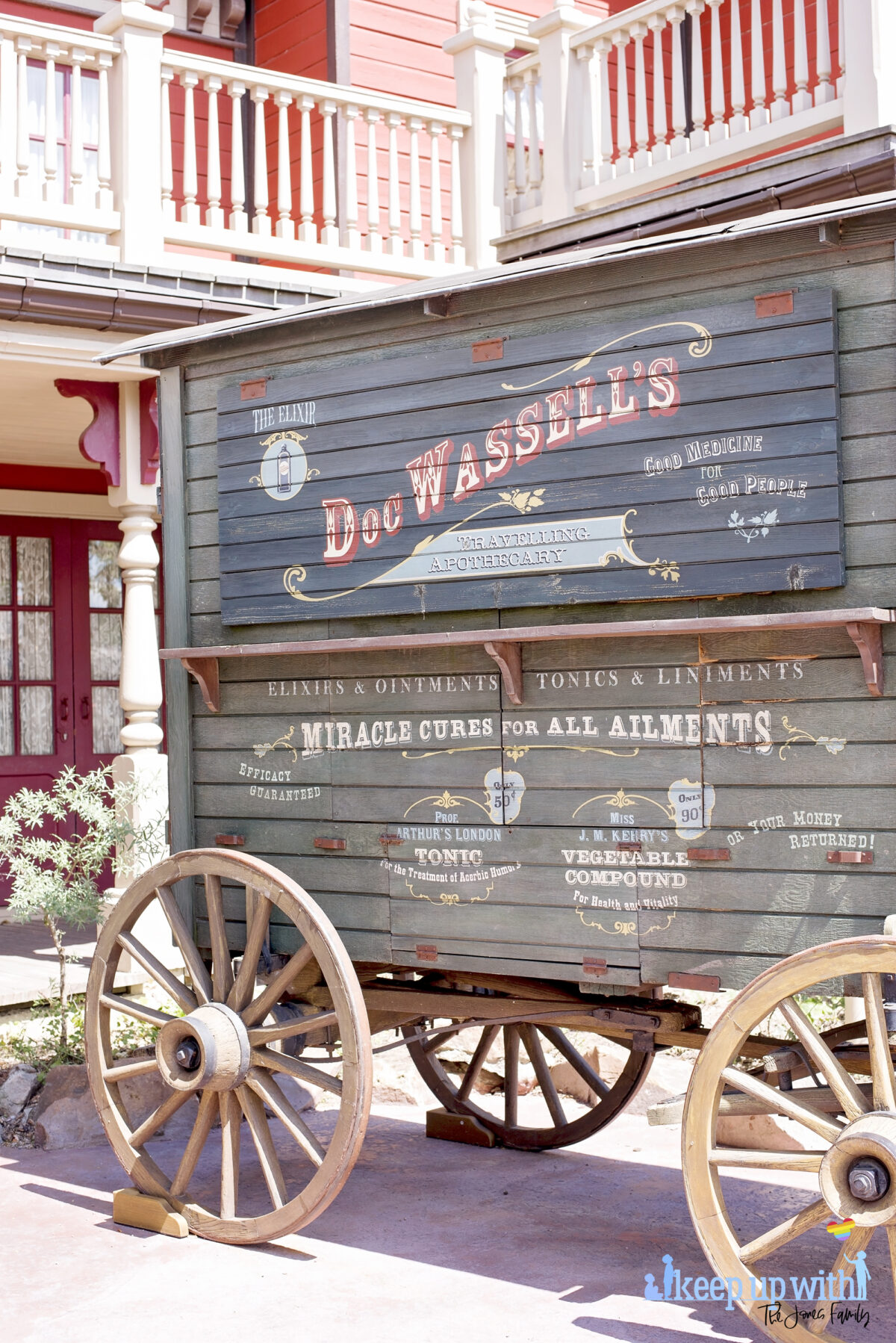 Image showsDoc Wassell's Miracle Cures for All Ailments caravan in Frontierland outside the Disneyland Paris Spirit Photography Booth where you can print a personalised copy of the Mysterious Chronicle by Phantom Manor. Image by Keep Up  With The Jones Family.