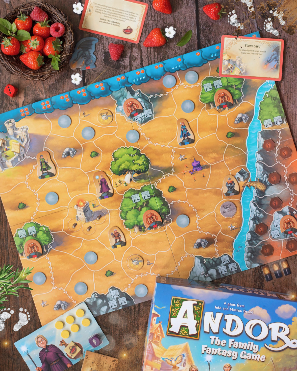 Image shows flat lay of Andor: The Family Fantasy Game board and components from Kosmos Games. Plus some strawberries!