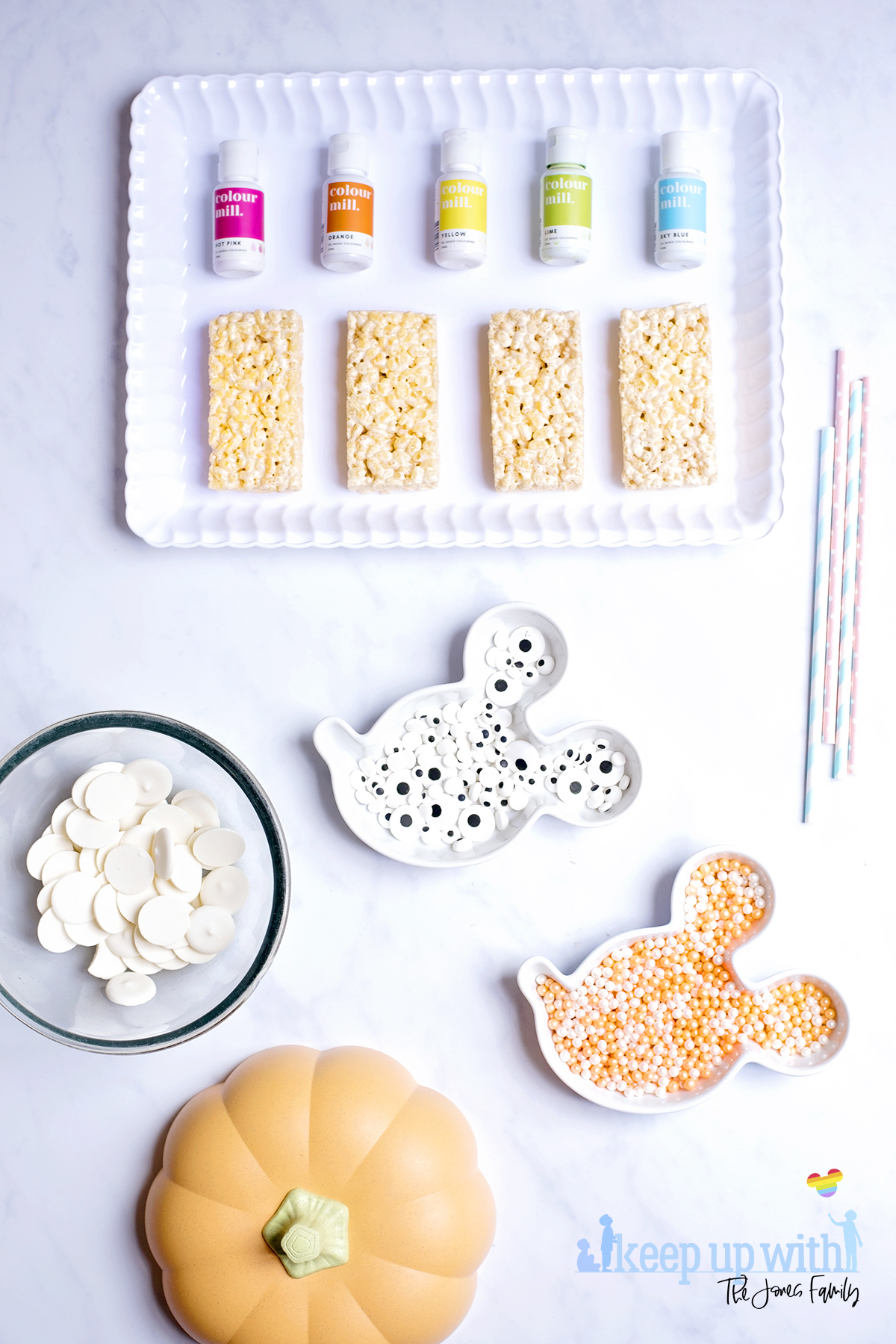 Image shows the ingredients needed to make rice krispie pastel aliens and rice krispie monsters. Image by Sara-Jayne from Keep Up With The Jones Family