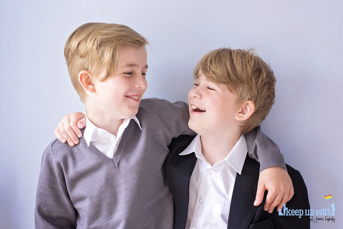 Image shows two boys wearing Trutex School Uniform. Black blazer, grey v-neck pullover and white shirt. Image by Sara-Jayne for Keep Up With The Jones Family